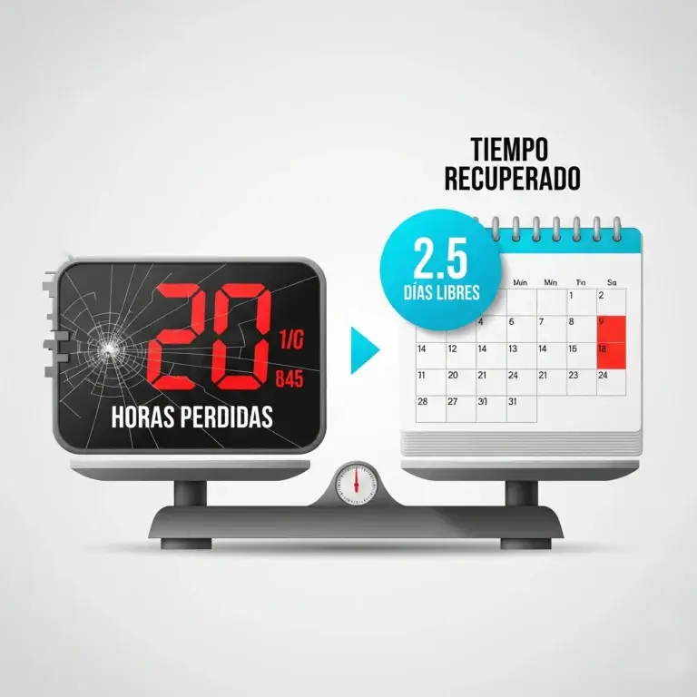 Infografía de balanza que compara 20 horas perdidas en tareas técnicas con la recuperación de 2.5 días laborales extra al mes. Consultoría Tecnológica TecnoFácil Tech: delegación tecnológica Total para consultores.