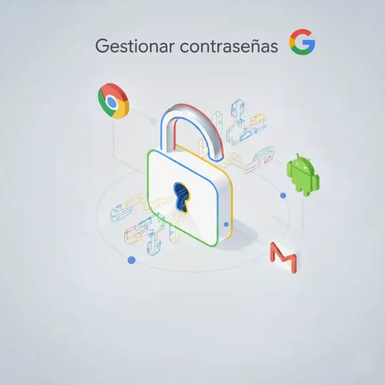 Ilustración 3D de cómo gestionar contraseñas Google en Chrome, Android y Gmail con un gestor seguro.