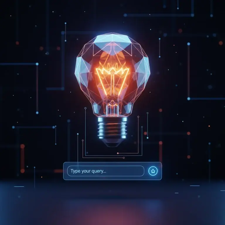 Los 10 Mejores Prompts para Gemini: Trucos para Dominar la IA de Google 1 Ilustración conceptual de una bombilla sobre una interfaz de chat, representando los mejores prompts para Gemini.