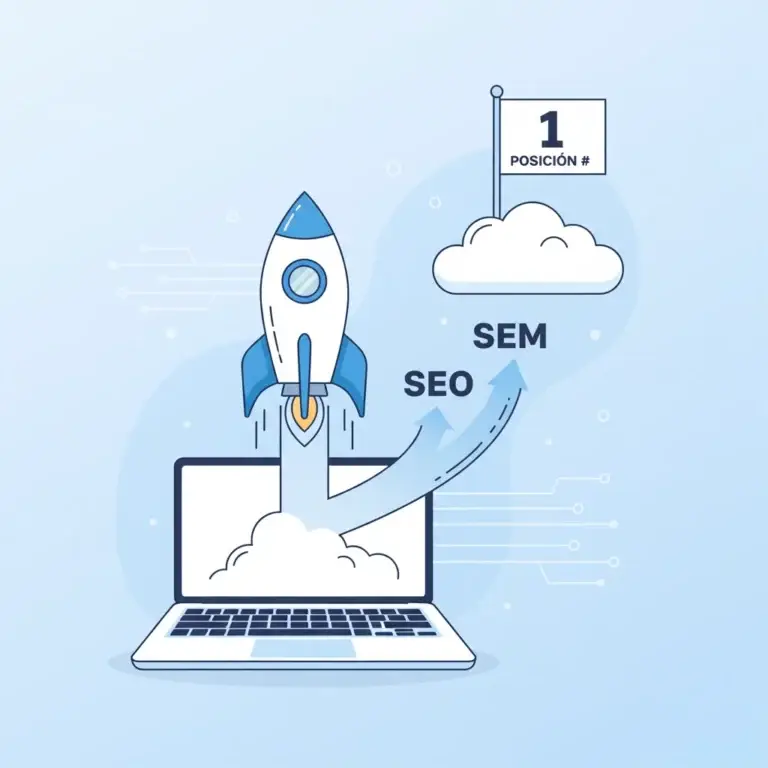 Ilustración que explica qué es el posicionamiento web y cómo una página web asciende a las primeras posiciones de los resultados de búsqueda de Google.