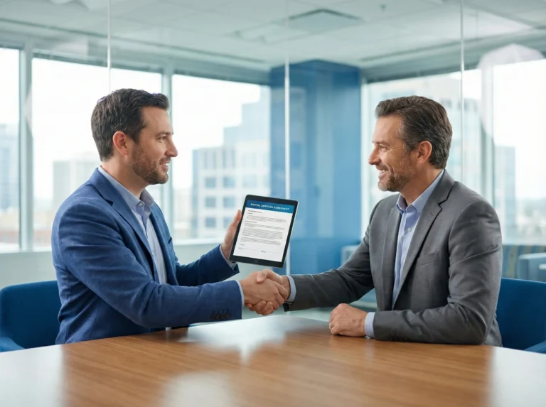 Dos personas (Cliente y Técnico) revisando un documento o una tablet con satisfacción. Servicios informáticos Empresas