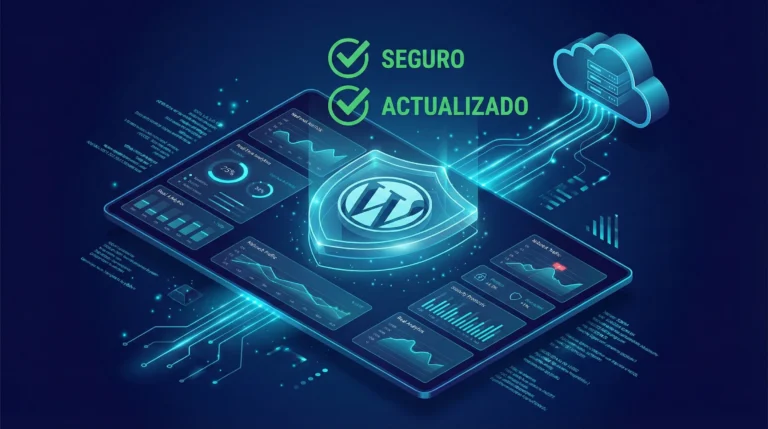 Mantenimiento Web WordPress 1 Dashboard de empresa mantenimiento web WordPress mostrando escudos de seguridad activos y velocidad optimizada.