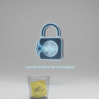 Ilustración 3D de un gestor de contraseñas digital seguro contrastando con notas de papel, simbolizando la gestión eficiente de contraseñas.