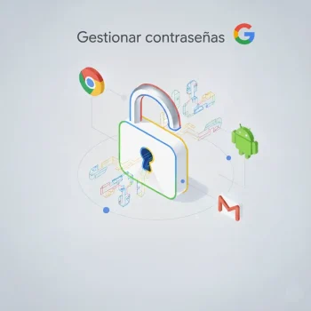 Ilustración 3D de cómo gestionar contraseñas Google en Chrome, Android y Gmail con un gestor seguro.