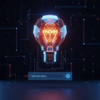 Ilustración conceptual de una bombilla sobre una interfaz de chat, representando los mejores prompts para Gemini.