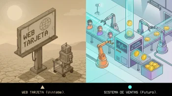 Comparativa visual entre una página web estática sin visitas y un sistema de embudo de ventas automatizado. Aclara lo que es un diseño web estratégico